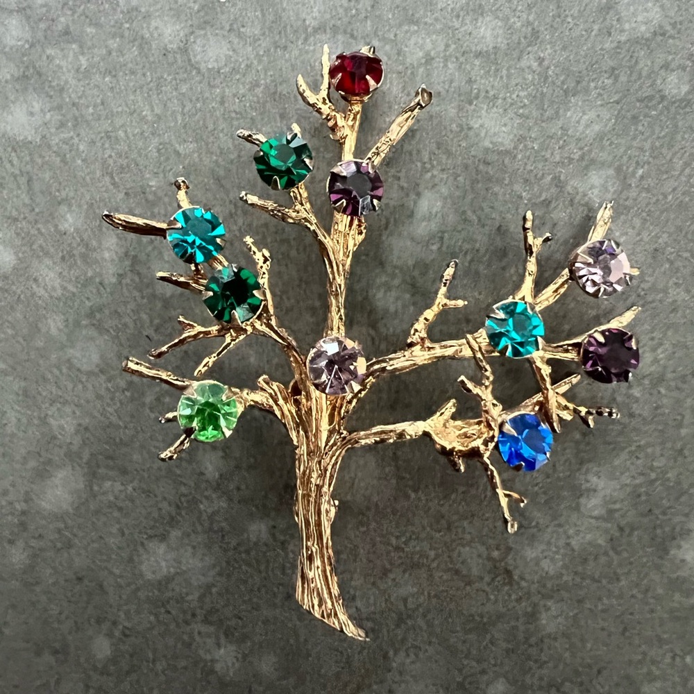 Vintage Gold, Colored Rhinestone Tree Brooch